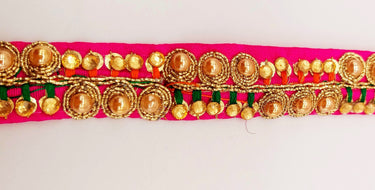 Fuchsia Pink Fabric Embroidered Trim with Gold Beads, Decorative Sari Trim, Trim By 3 Yards